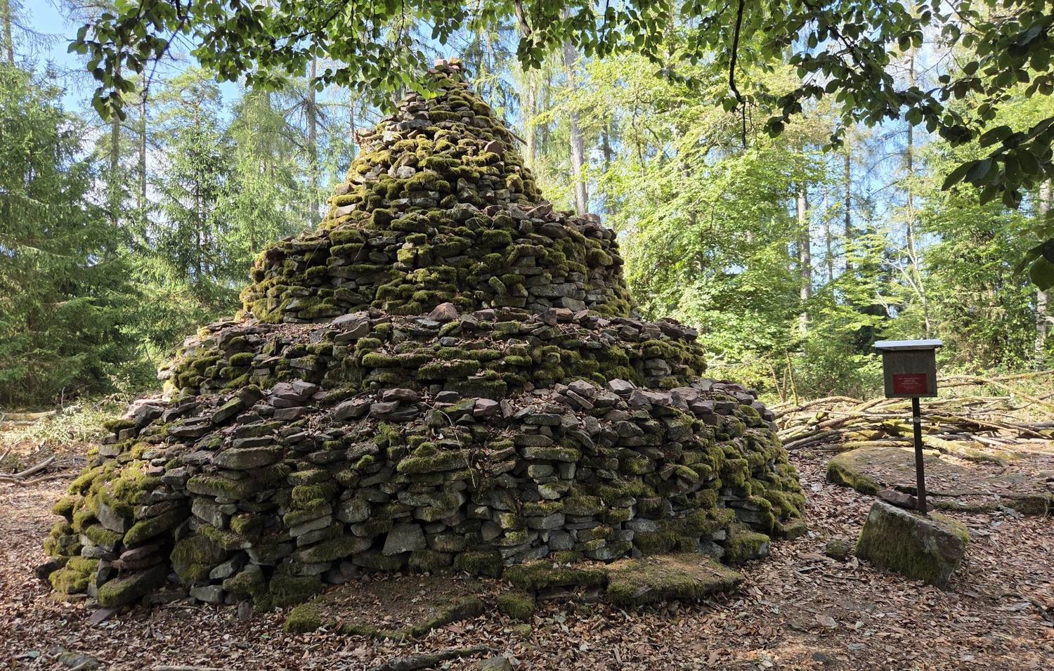 Schwabenstein bei Amorbach: moosbewachsener Steinturm im Wald